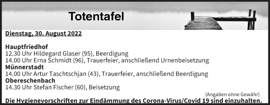 Anzeige von Totentafel vom 30.08.2022 von MGO