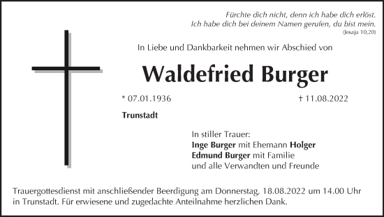 Anzeige von Waldefried Burger von MGO