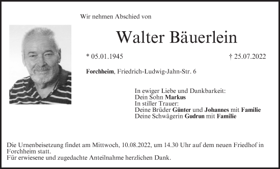 Anzeige von Walter Bäuerlein von MGO