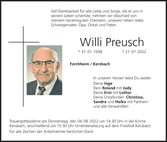 Anzeige von Willi Preusch von MGO