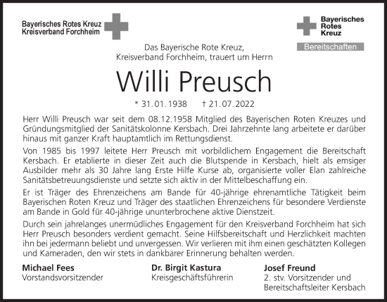 Anzeige von Willi Preusch von MGO