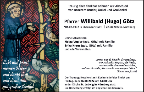 Anzeige von Willibald Hugo Götz von MGO