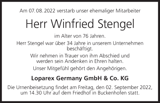 Anzeige von Winfried Stengel von MGO