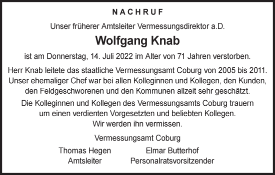 Anzeige von Wolfgang Knab von MGO