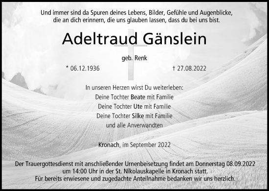 Anzeige von Adeltraud Gänslein von MGO