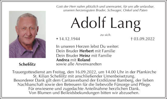 Anzeige von Adolf Lang von MGO