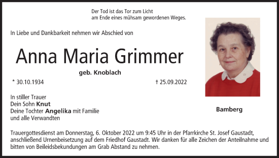 Anzeige von Anna Maria Grimmer von MGO