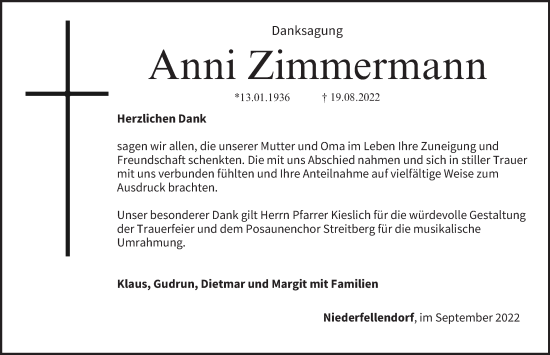 Anzeige von Anni Zimmermann von MGO