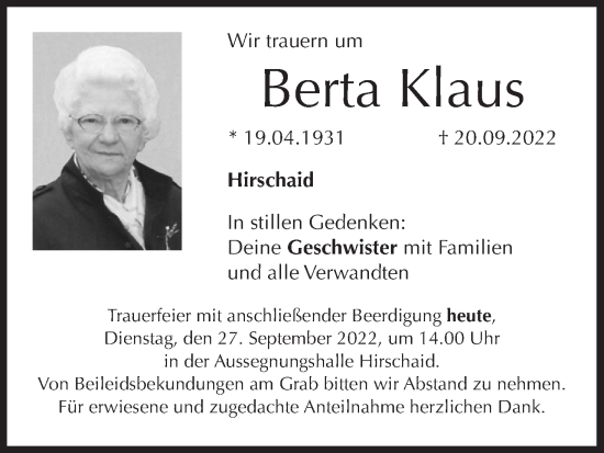 Anzeige von Berta Klaus von MGO