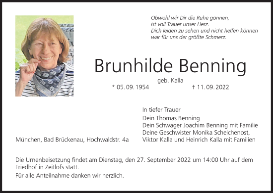 Anzeige von Brunhilde Benning von MGO