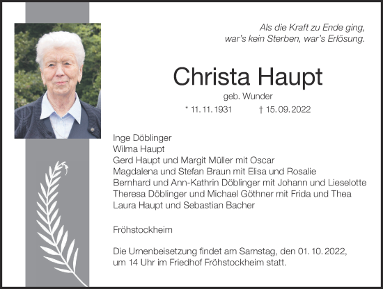 Anzeige von Christa Haupt von MGO