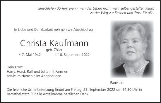 Anzeige von Christa Kaufmann von MGO