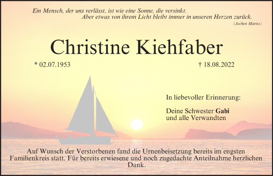 Anzeige von Christine Kiehfaber von MGO