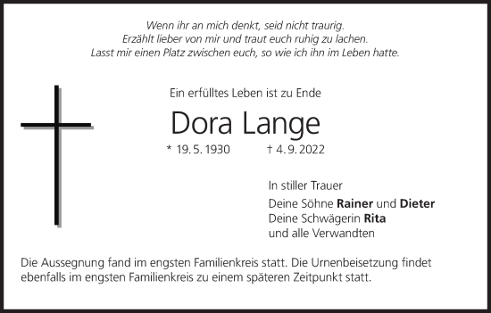 Anzeige von Dora Lange von MGO