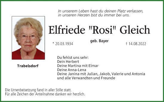Anzeige von Elfriede  Gleich von MGO