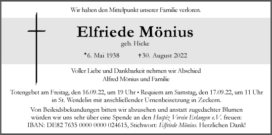Anzeige von Elfriede Mönius von MGO