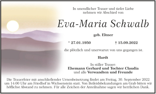 Anzeige von Eva-Maria Schwalb von MGO