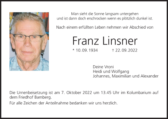 Anzeige von Franz Linsner von MGO