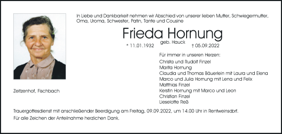 Anzeige von Frieda Hornung von MGO