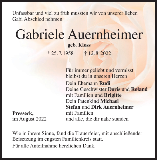 Anzeige von Gabriele Auernheimer von MGO