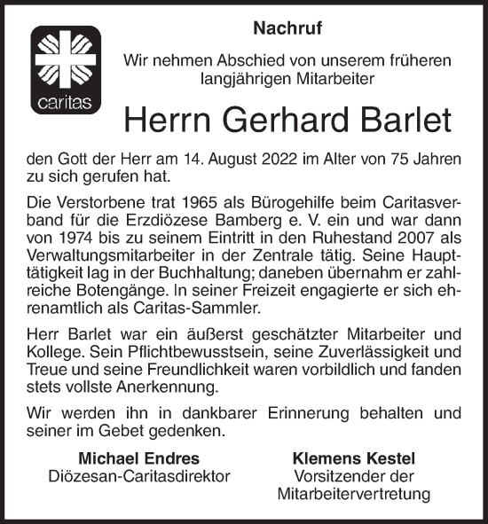 Anzeige von Gerhard Barlet von MGO