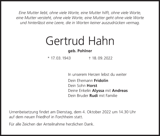 Anzeige von Gertrud Hahn von MGO