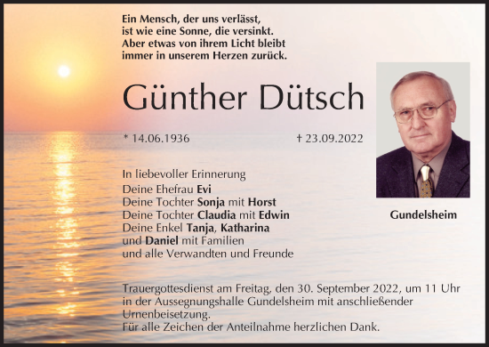 Anzeige von Günther Dütsch von MGO