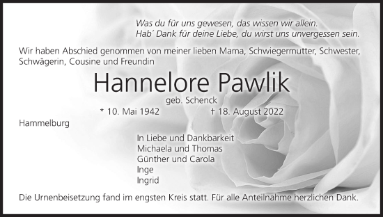 Anzeige von Hannelore Pawlik von MGO