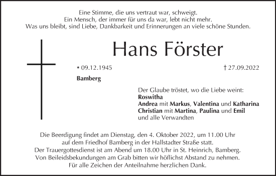 Anzeige von Hans Förster von MGO