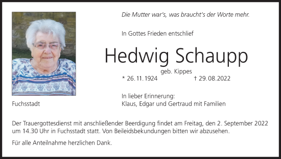 Anzeige von Hedwig Schaupp von MGO