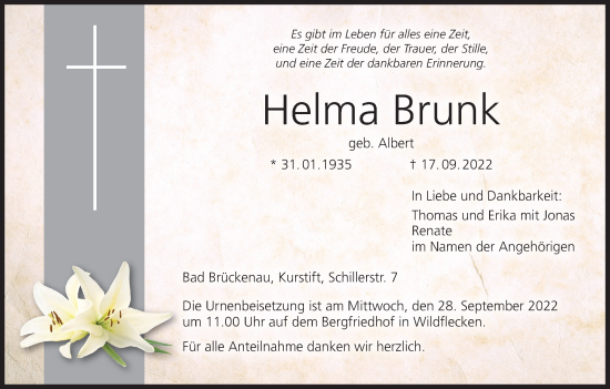 Anzeige von Helma Brunk von MGO