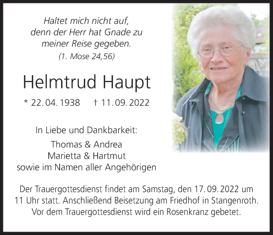 Anzeige von Helmtrud Haupt von MGO