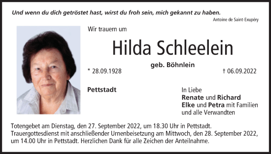 Anzeige von Hilda Schleelein von MGO