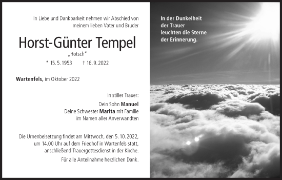 Anzeige von Horst-Günter Tempel von MGO