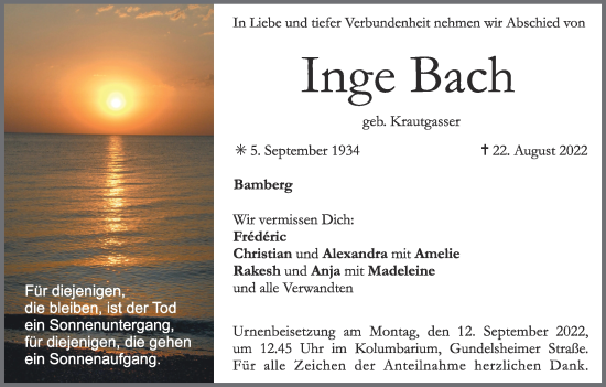 Anzeige von Inge Bach von MGO