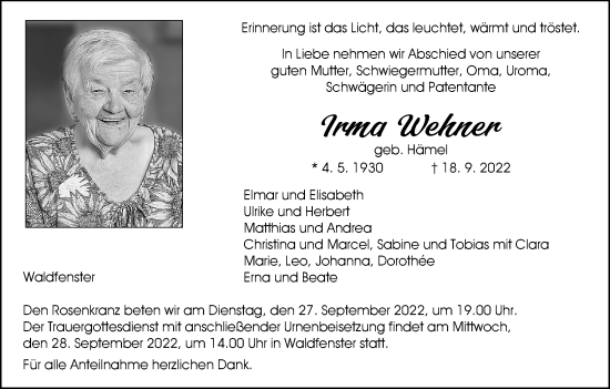 Anzeige von Irma Wehner von MGO