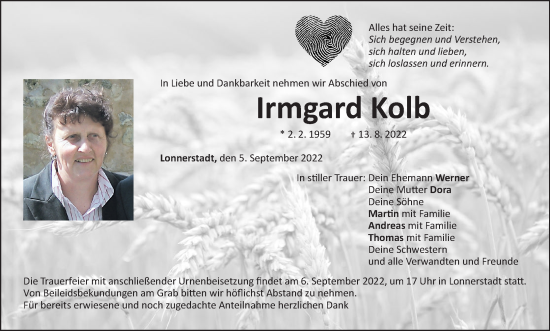 Anzeige von Irmgard Kolb von MGO