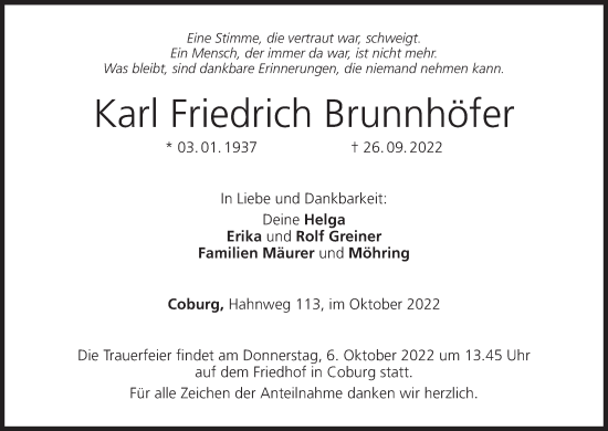Anzeige von Karl Friedrich Brunnhöfer von MGO