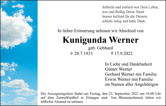 Anzeige von Kunigunda Werner von MGO
