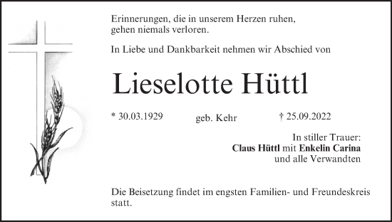 Anzeige von Lieselotte Hüttl von MGO