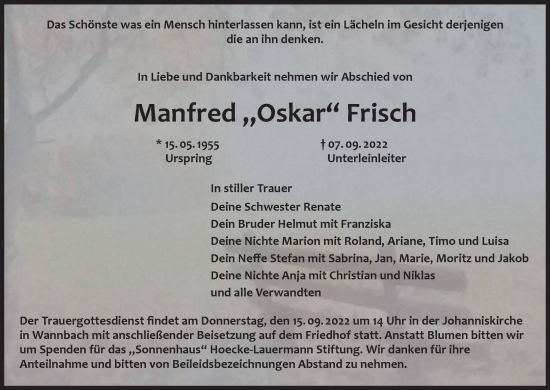 Anzeige von Manfred Frisch von MGO