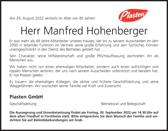 Anzeige von Manfred Hohenberger von MGO