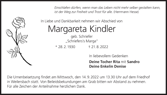 Anzeige von Margareta Kindler von MGO