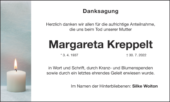 Anzeige von Margareta Kreppelt von MGO