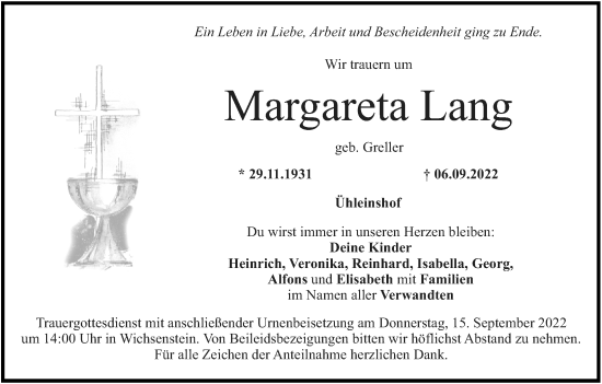 Anzeige von Margareta Lang von MGO