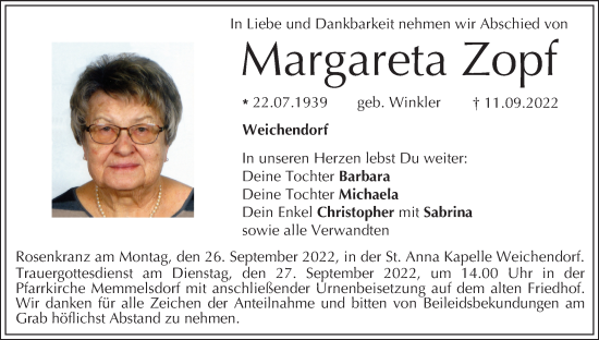 Anzeige von Margareta Zopf von MGO