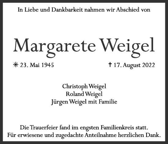 Anzeige von Margarete Weigel von MGO