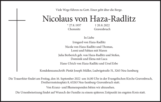 Anzeige von Nicolaus von Haza-Radlitz von MGO