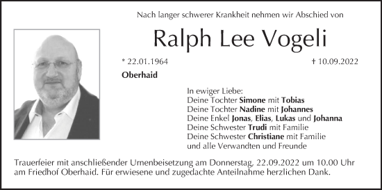 Anzeige von Ralph Lee Vogeli von MGO