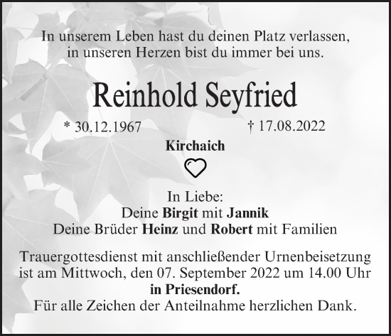 Anzeige von Reinhold Seyfried von MGO